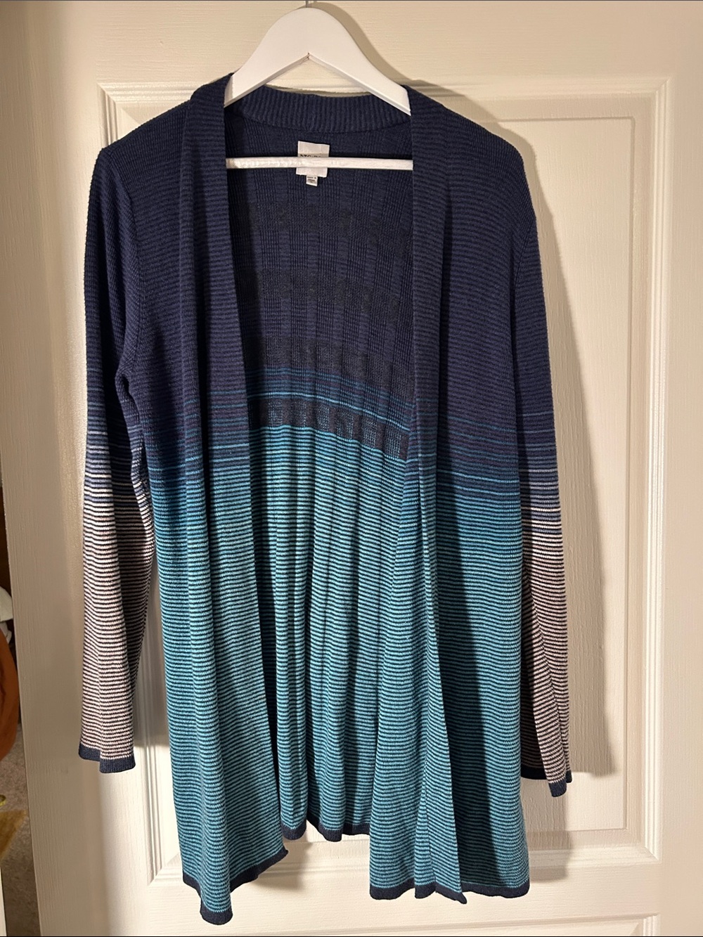 NIC+ZOE Navy and Teal Open-Front Striped Cardigan